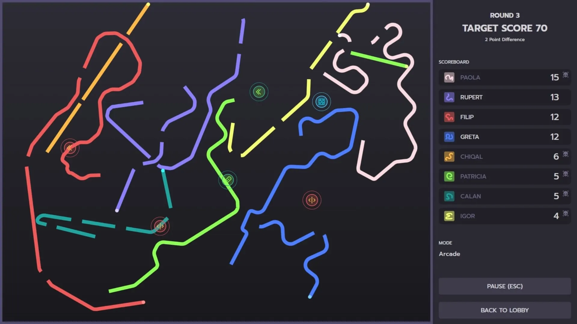 Eight curves fighting for space late in a round
