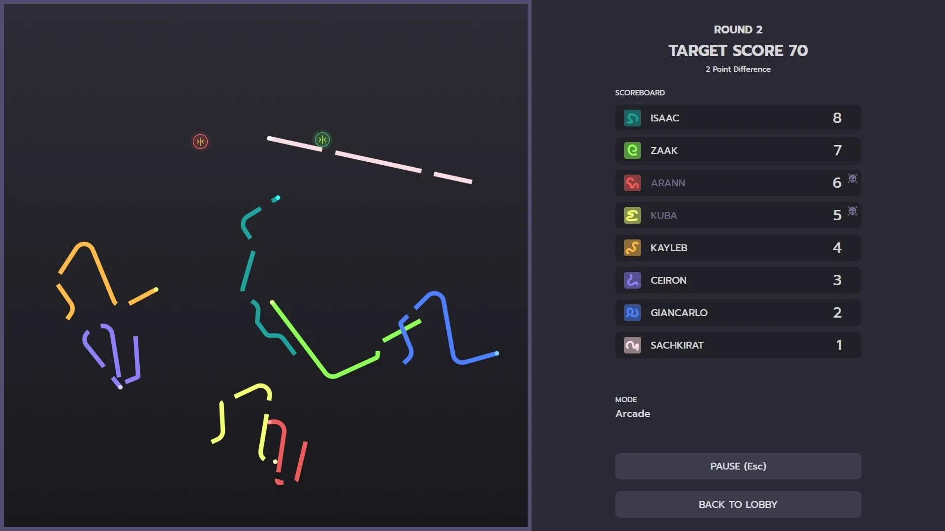 Curves weaving between power-ups in an eight-player round