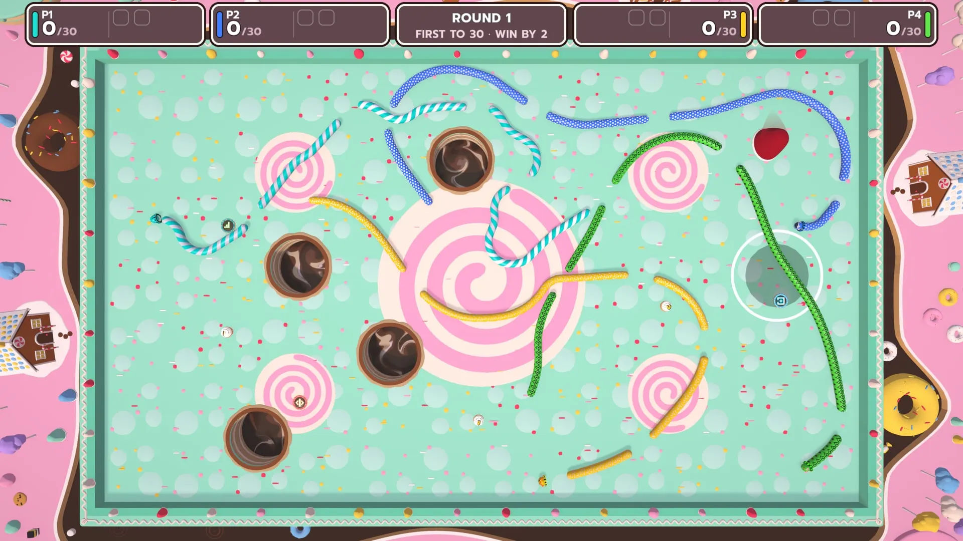 Sweets falling on Dessert Storm and punching pits in the cake