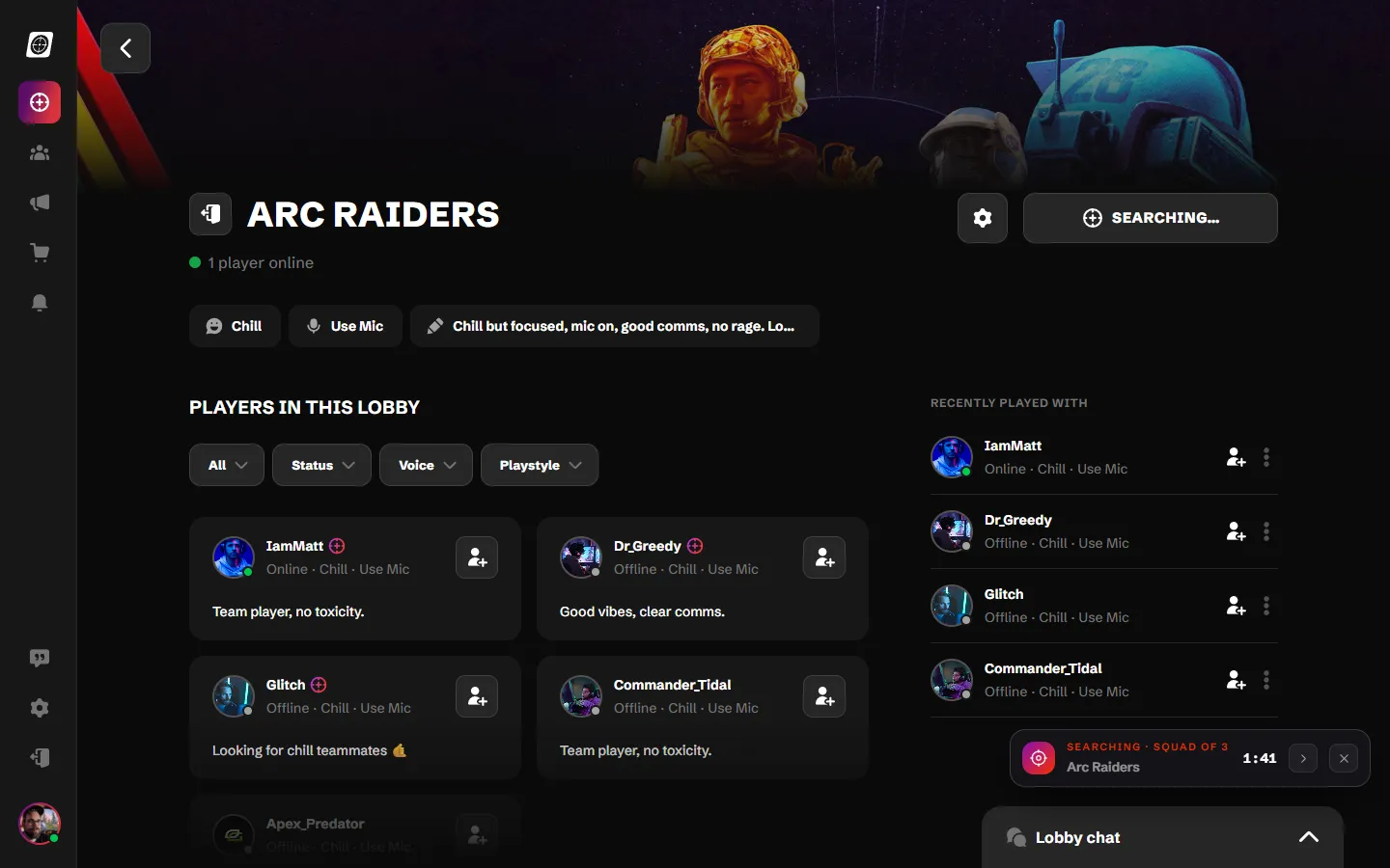 Scoped on desktop: the Arc Raiders game lobby, with players in the lobby and a search for a squad of 3 running